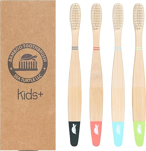 Sea Turtle Bamboo Toothbrushes, Soft For Kids (4 Pack)