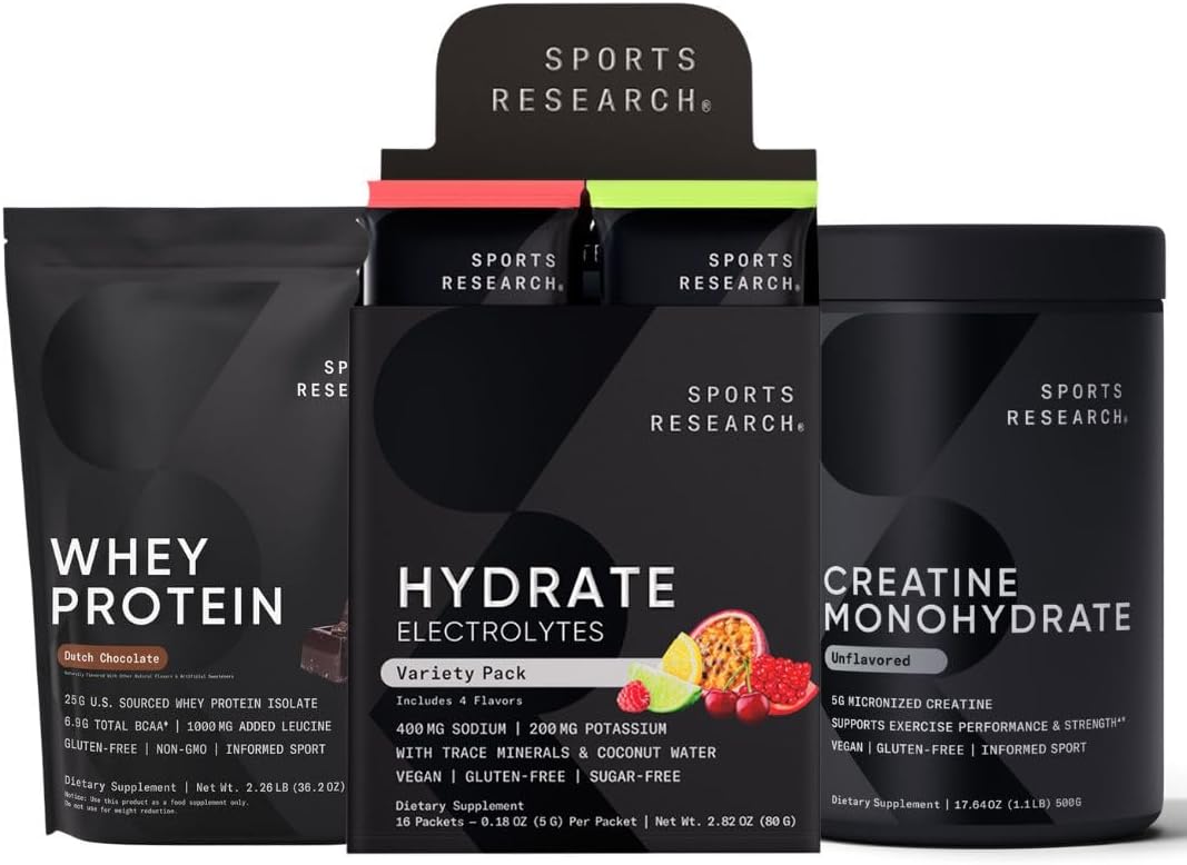 Sports Research Creatine Monohydrate, Electrolytes Packets, Chocolate Whey Protein