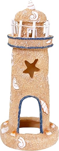 Penn-Plax Deco-Replicas Sand & Seashell Lighthouse Aquarium Ornament RR1052