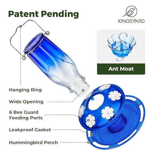 Kingsyard Glass Hummingbird Feeder 6 Ports, Blue - Image 2