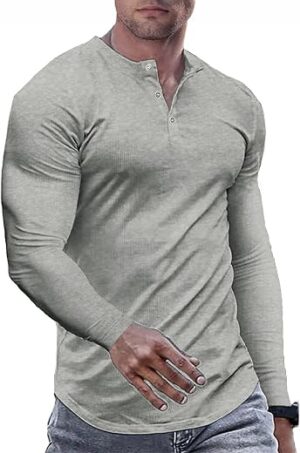 JMIERR Mens Muscle Slim Henley Longline T-Shirt