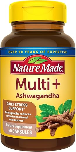 Nature Made Multi + Ashwagandha Multivitamin, Stress Relief, 60 Capsules