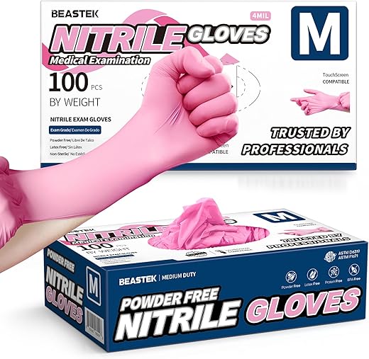 Beastek Pink Nitrile Disposable Gloves, 4.0 Mil