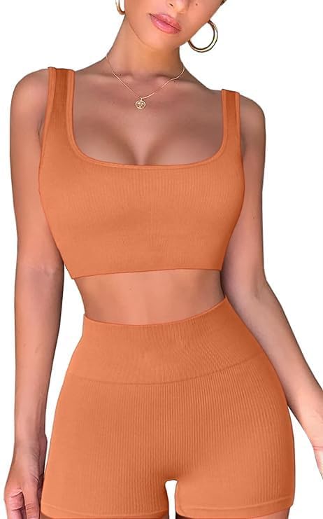 QINSEN Workout Set: Seamless Ribbed Crop Tank & Shorts - Image 3