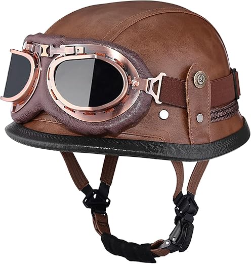 SHIZICONG Retro Leather Motorcycle Half Helmet, DOT Approved