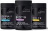 Sports Research Vegan Biotin 10,000 mcg Softgels, Omega 3 Fish Oil 1250 mg, Vitamin D3 + K2 Softgels