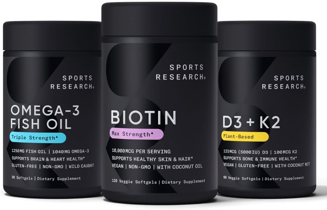 Sports Research Vegan Biotin 10,000 mcg Softgels, Omega 3 Fish Oil 1250 mg, Vitamin D3 + K2 Softgels