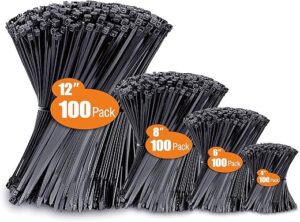 ANOSON Assorted Sizes Black Cable Ties, 400 Pack