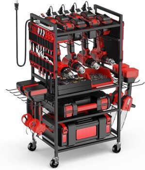 JUNNUJ Garage Power Tool Organizer Cart With Power Strip