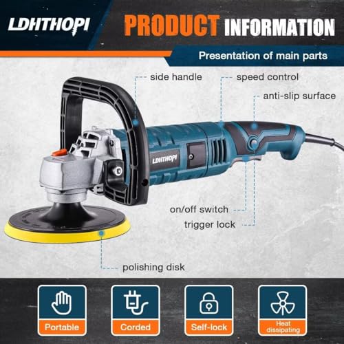 LDHTHOPI 1600W Rotary Buffer Polisher, 7 Variable Speeds - Image 3