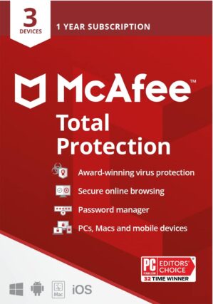 McAfee McAfee Total Protection | 3 Device | Antivirus Internet Security Software | VPN, Password Manager, Dark Web Monitoring | 1 Year Subscription | Key Card