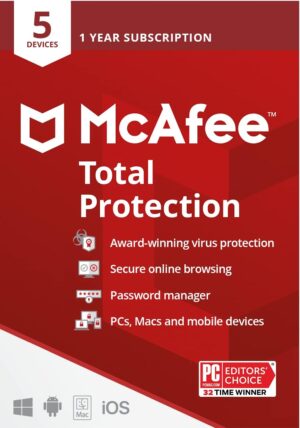 McAfee McAfee Total Protection | 5 Device | Antivirus Internet Security Software | VPN, Password Manager, Dark Web Monitoring | 1 Year Subscription | Key Card