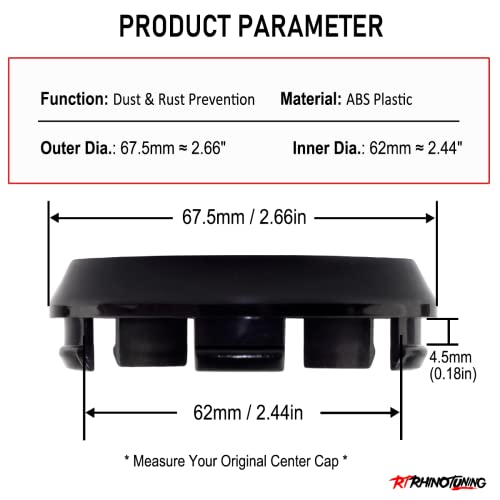 RTRHINOTUNING 4PCS 67.5mm Wheel Center Caps Black - Image 2