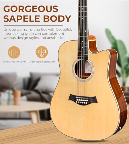 Vangoa 12 String Acoustic Electric Guitar, Natural - Image 2