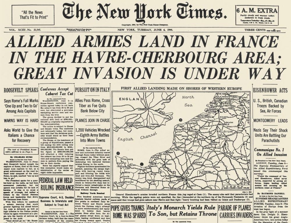 WWII D-Day Newspaper: The New York Times 6 June 1944