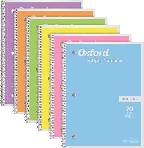 Oxford 1 Subject College Ruled Spiral Notebooks, 6-Pack