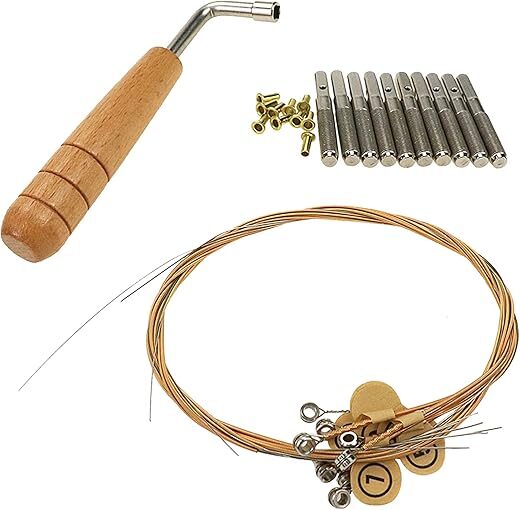 Geesatis 10 Pcs String Pin Nails, 10 Harp Strings, 1 Tuning Wrench for Lyre Harp