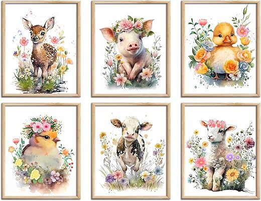LNLAGBO Baby Watercolor Farm Animals Nursery Prints, Set of 6 (8