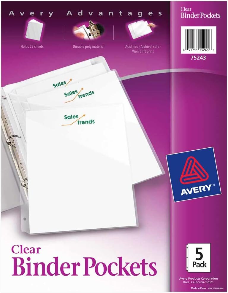 AVERY Binder Pockets, Clear, 5 Total (75243)