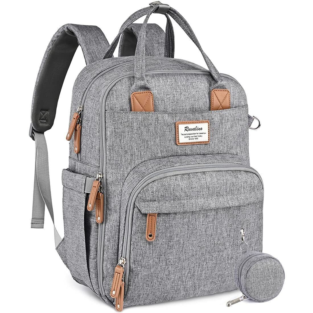 RUVALINO Diaper Bag Backpack, Large Capacity, Waterproof, Gray