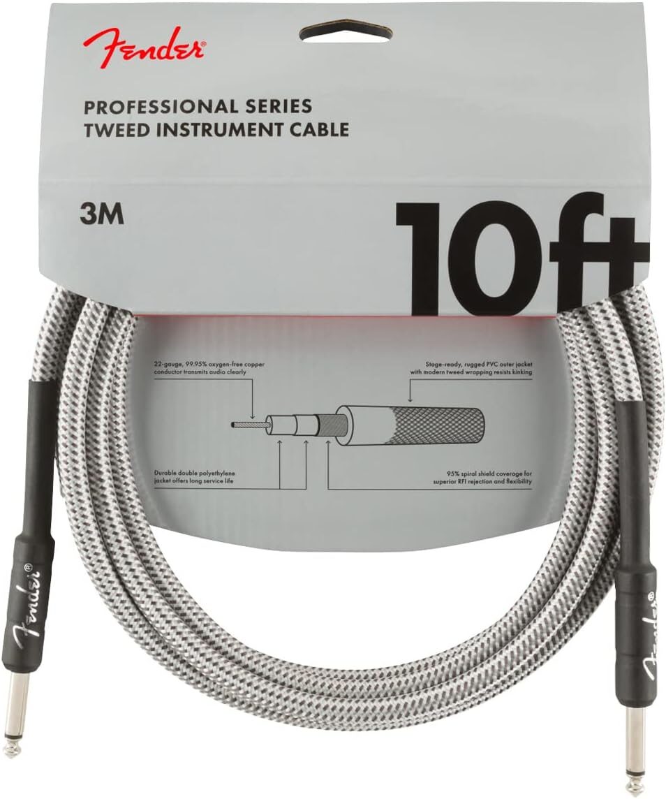 Fender Fender Professional Series Tweed Instrument Cable, Guitar Cable, Stocking Stuffers, Guitar Accessories, Straight/Straight, White, 10ft