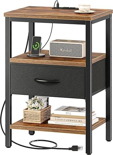 SUPERJARE Nightstand with Charging Station and Drawer