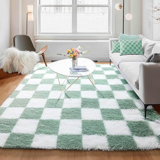 KICMOR Sage Green And White Checkered Rug