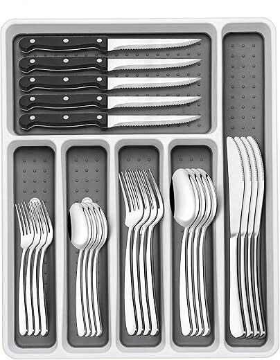 EWFEN Silverware Set with Organizer, Stainless Steel Flatware