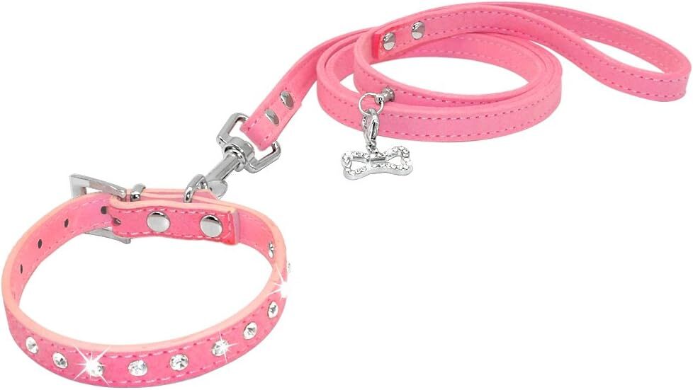 Dogs Kingdom Suede Jeweled Rhinestones Dog Collar Leash Set Pink M