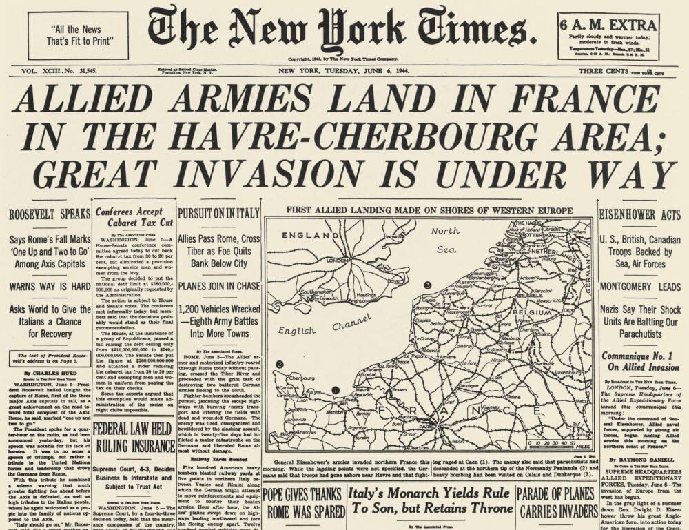 WWII D-Day Newspaper: The New York Times 6 June 1944